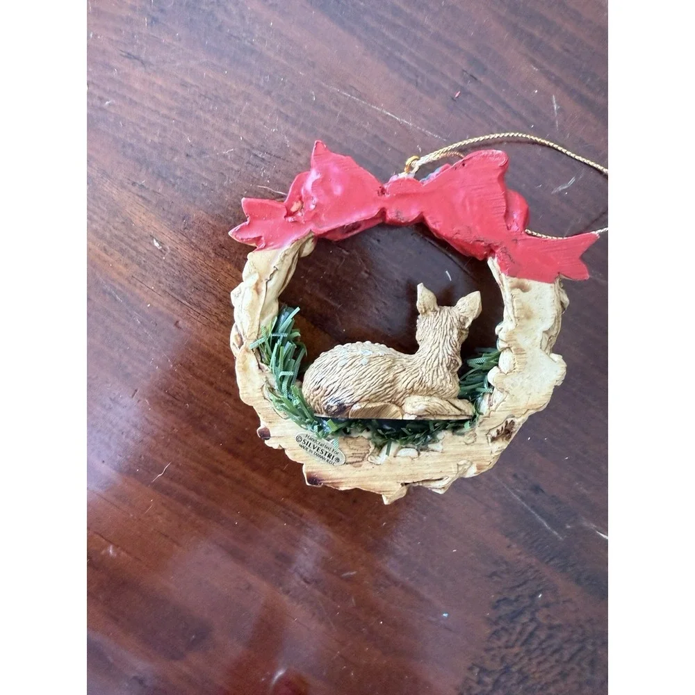 Silvestri Deer Fawn Wreath Ornament Christmas Tree Holiday Red Bow Resin Vintage